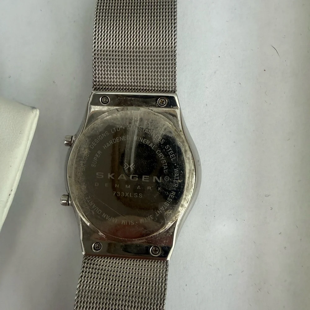 Skagen Denmark Silver Mesh Watch Dual Time Zone (Model 733XLSS)